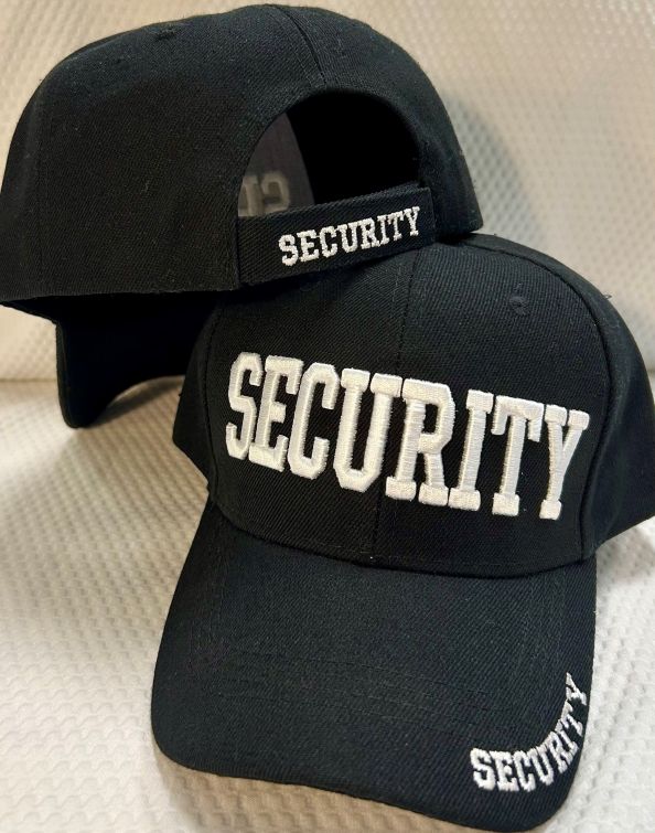 SECURITY BASEBALL CAP, WHITE LETTERING on BLACK HAT.